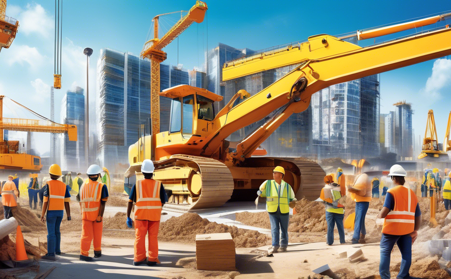 Create a vibrant and engaging digital artwork showcasing a construction site bustling with activity under a clear blue sky. The scene includes diverse construction workers, both men and women, wearing