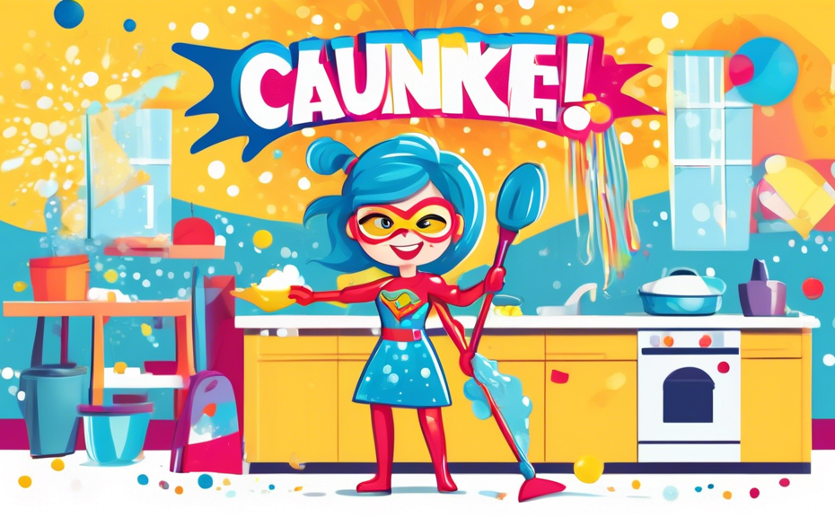 Create an artistic depiction of a bright, modern kitchen sparkling clean after a deep cleaning session, with a cartoonish, cheerful character dressed as a cleaning superhero holding a mop like a sword