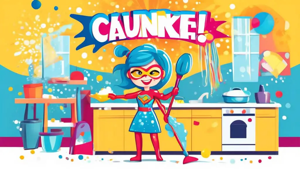 Create an artistic depiction of a bright, modern kitchen sparkling clean after a deep cleaning session, with a cartoonish, cheerful character dressed as a cleaning superhero holding a mop like a sword