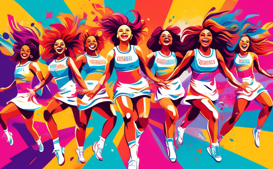 Create a vibrant, energetic digital artwork depicting a diverse group of cheerleaders in mid-action, with a dynamic backdrop featuring a variety of motivational cheer slogans written in bold, colorful