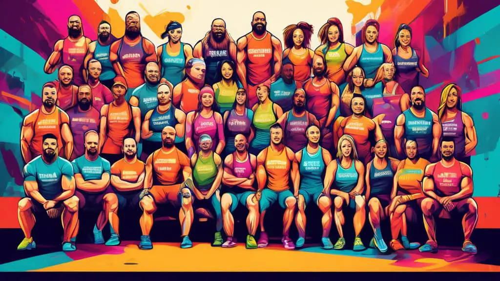 An artistic illustration of a vibrant CrossFit gym filled with diverse athletes, each wearing custom jerseys showcasing creative and inspiring team names, set in an energized, colorful environment emp