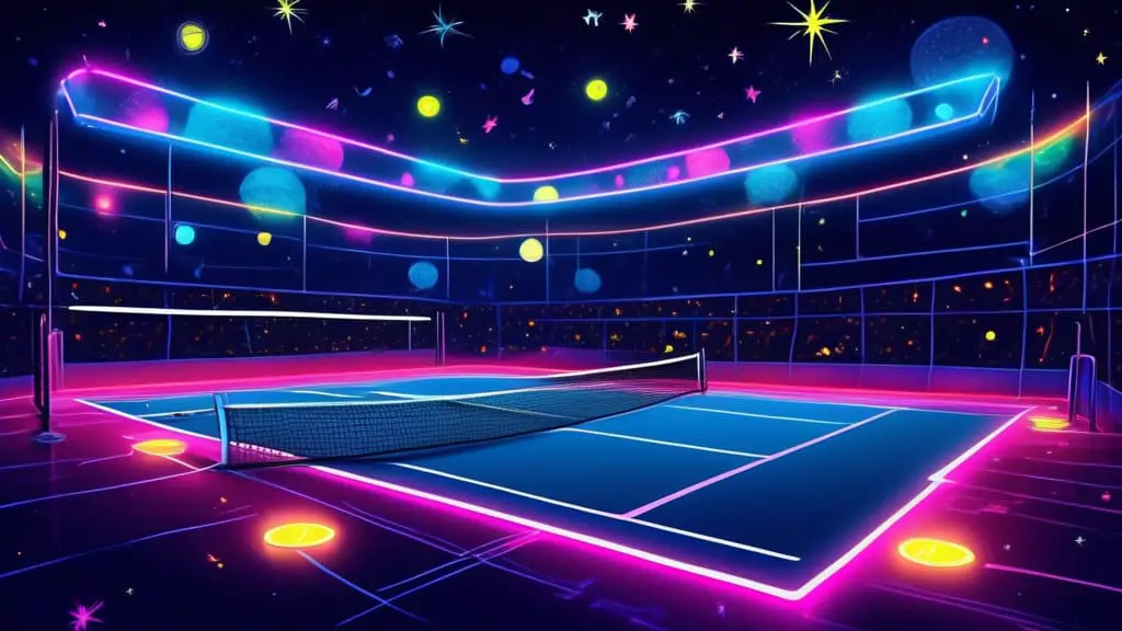 An imaginative digital painting of a tennis court labeled with neon signs featuring creative and catchy tennis team names glowing under a starry night sky.