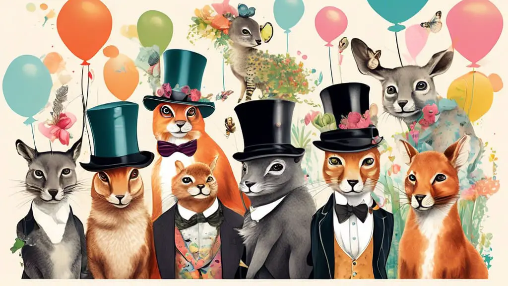 Digital artwork of a whimsical scene featuring various animals at a posh garden party, each wearing different styles of top hats, surrounding elegantly styled caption bubbles filled with inspirational