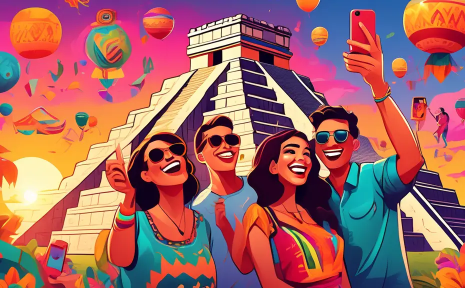 Digital artwork of a joyful group of friends taking selfies with a beautiful backdrop of the Chichen Itza ruins at sunset, vibrant colors and lively Mexican fiesta decorations in the foreground, hasht