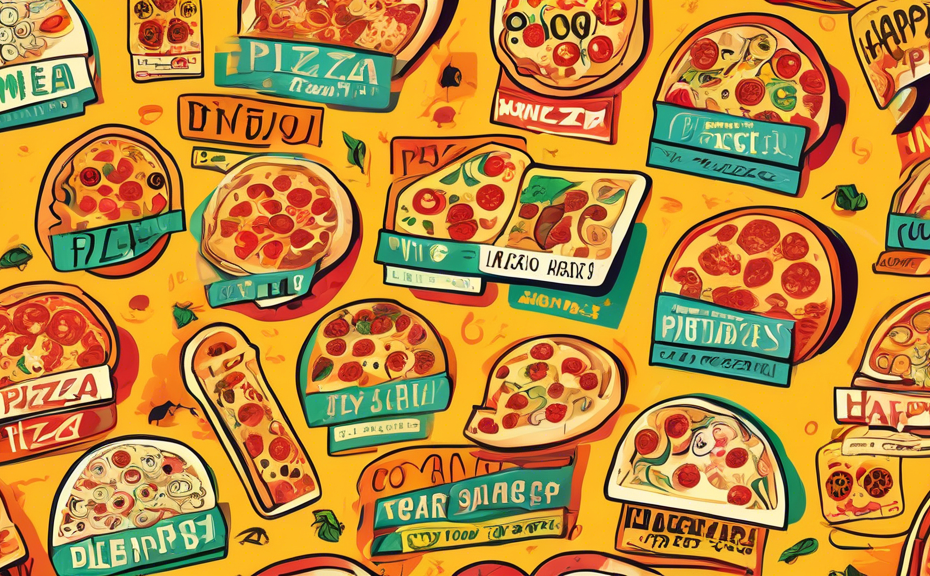 An artistic interpretation of various fun and catchy pizza slogans displayed on colorful, stylized pizza boxes, each box uniquely designed to reflect the theme of its slogan, set against the backdrop