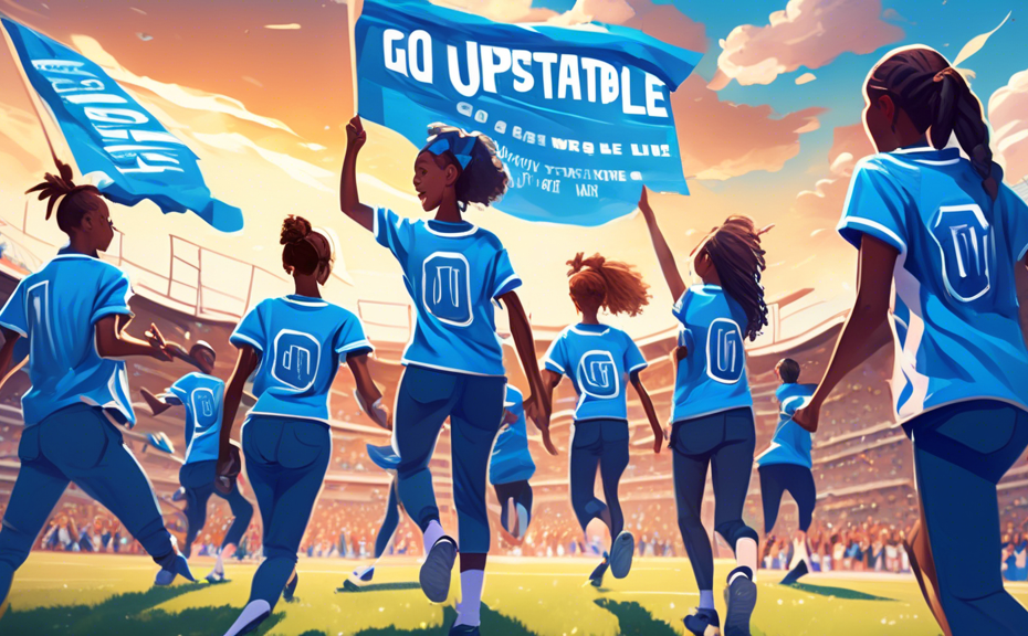 Create an energetic and vibrant digital artwork of a high school sports stadium during a sunny day, buzzing with excitement. In the foreground, a diverse group of teens dressed in blue team uniforms,