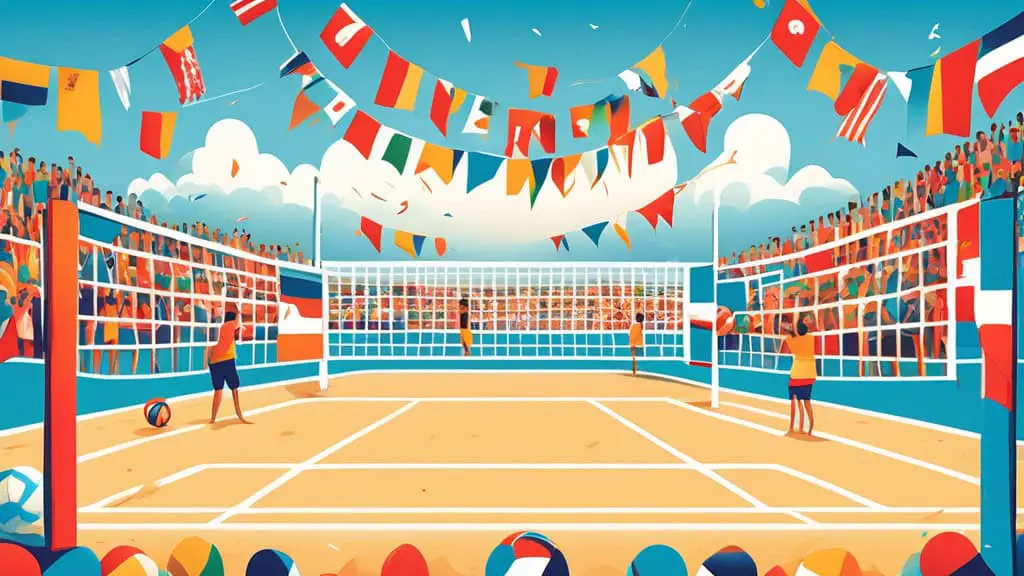 Create an image of a vibrant volleyball court on a sunny beach, where each volleyball has different motivational slogans written on it in bold, colorful letters. The background includes a cheering cro