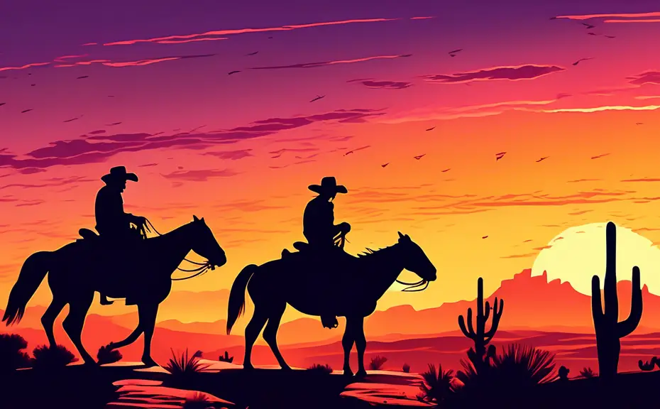 DALL-E, create an image of a picturesque sunset over a vast desert landscape, with silhouettes of cowboys on horseback. The scene encapsulates an iconic Wild West theme, complete with cacti and distan
