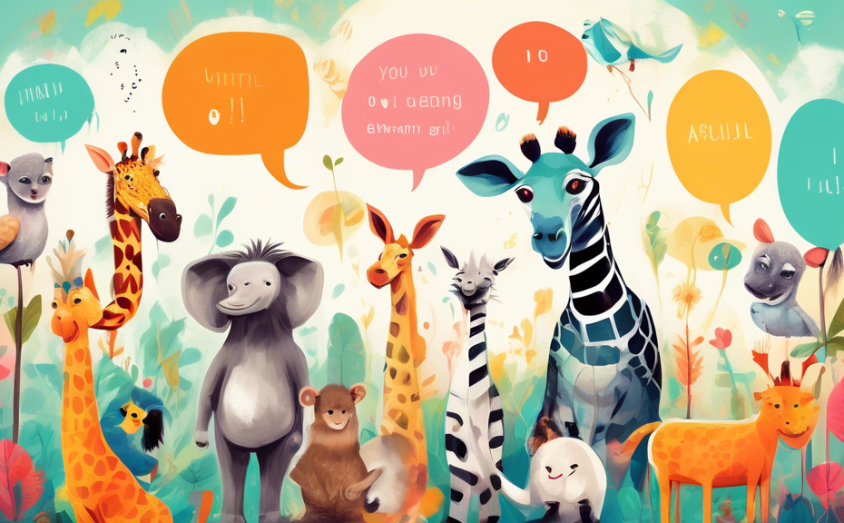 An imaginative digital painting of various animals playfully posing with speech bubbles containing witty captions and inspirational quotes, set in a vibrant, whimsically stylized zoo environment.