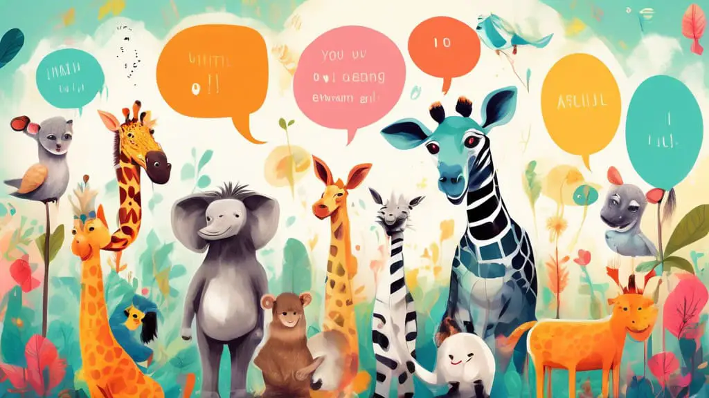An imaginative digital painting of various animals playfully posing with speech bubbles containing witty captions and inspirational quotes, set in a vibrant, whimsically stylized zoo environment.