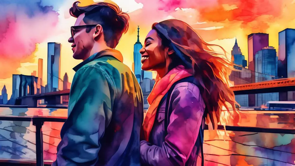 Create an artistic image of a young couple taking a romantic sunset selfie on the Brooklyn Bridge, with the New York City skyline in the background, styled as a vibrant, modern watercolor painting.