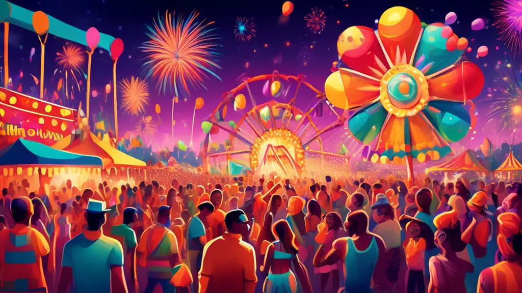Vibrant carnival scene with colorful floats, costumed dancers, fireworks in the background, and joyful crowd taking photos, set under a twilight sky.