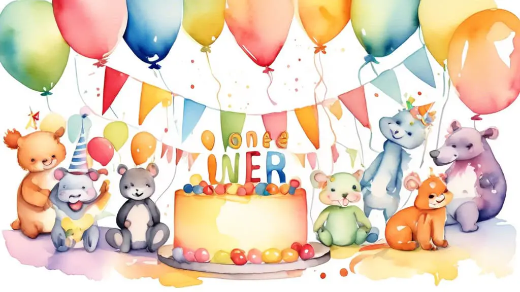Cheerful watercolor painting of a colorful first birthday party scene featuring a festive cake, balloons, and a banner that reads 'One Year', with smiling cartoon animals and a baby taking a joyful ca