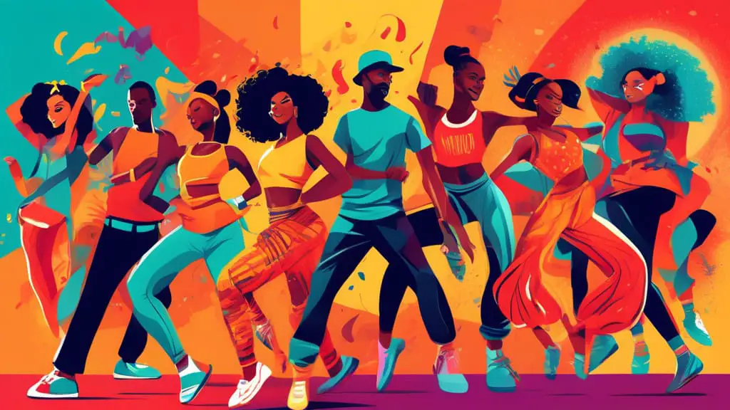 An illustrated poster featuring a diverse group of animated dancers in stylish, colorful outfits, each representing different dance styles like hip hop, ballet, and salsa, under a vibrant, decorative