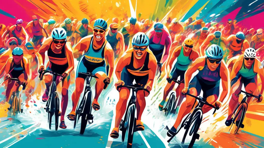 Dynamic artwork of a diverse triathlon team in action, with vivid illustrations of swimming, biking, and running, featuring an energetic crowd cheering and team members wearing jerseys with creative a