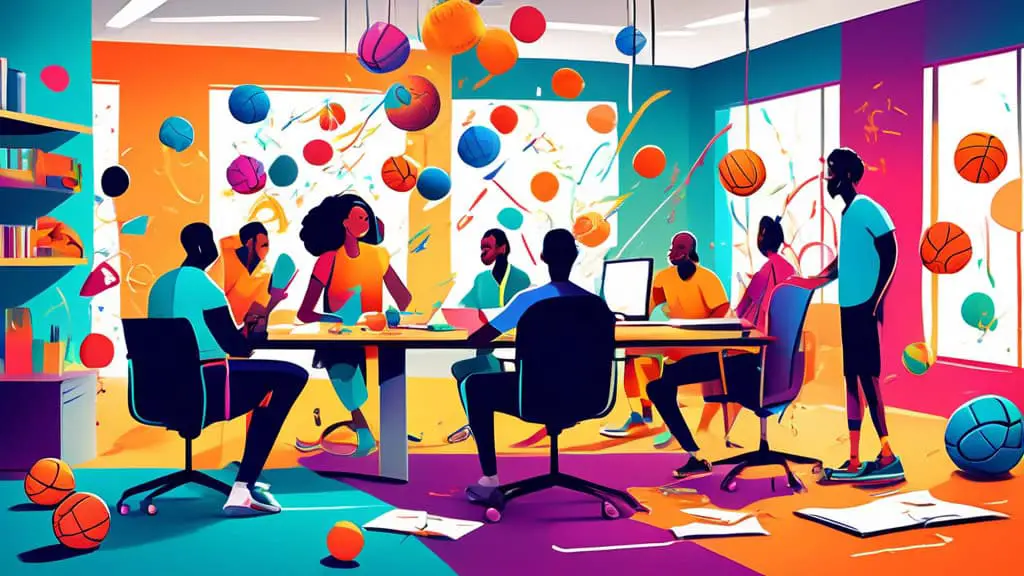 An imaginative brainstorming session with a diverse group of people around a table filled with sports equipment like soccer balls, basketballs, and tennis rackets, tossing around colorful ideas on not