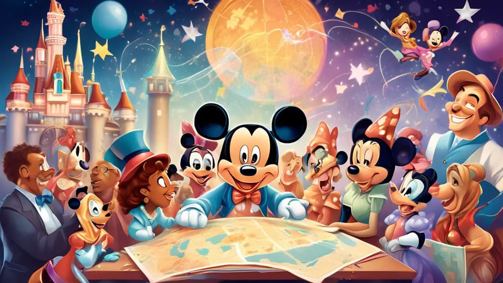 An illustration of a diverse group of whimsical cartoon characters, each creatively dressed as different classic Disney characters, collaborating over a map of Disneyland at a planning table, with mag