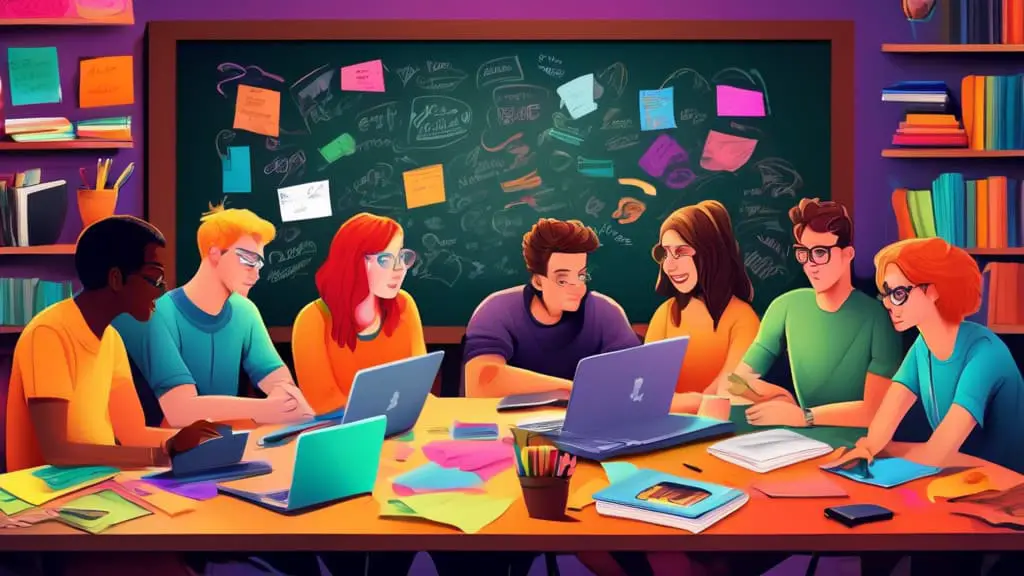 Artistic illustration of seven friends brainstorming around a table covered with colorful papers and laptops, each representing different hobbies and personalities, in a cozy, well-lit room with a cha