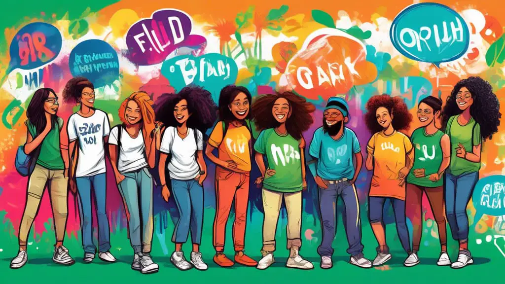 Create an image of a vibrant, diverse group of eight friends joyfully brainstorming together around a colorful, graffiti-style mural wall, with each friend visibly suggesting creative and quirky names