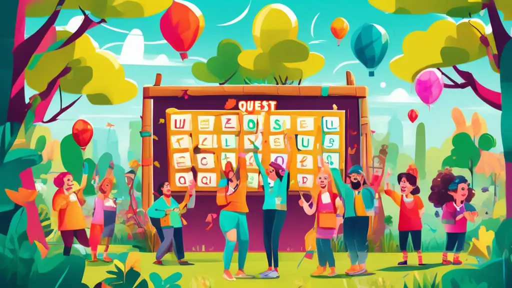 An image showing a colorful and whimsical scoreboard at a scavenger hunt event in a lush park, with creative team names like 'Quest Conquerors', 'Treasure Trackers', and 'Puzzle Masters' written in fu