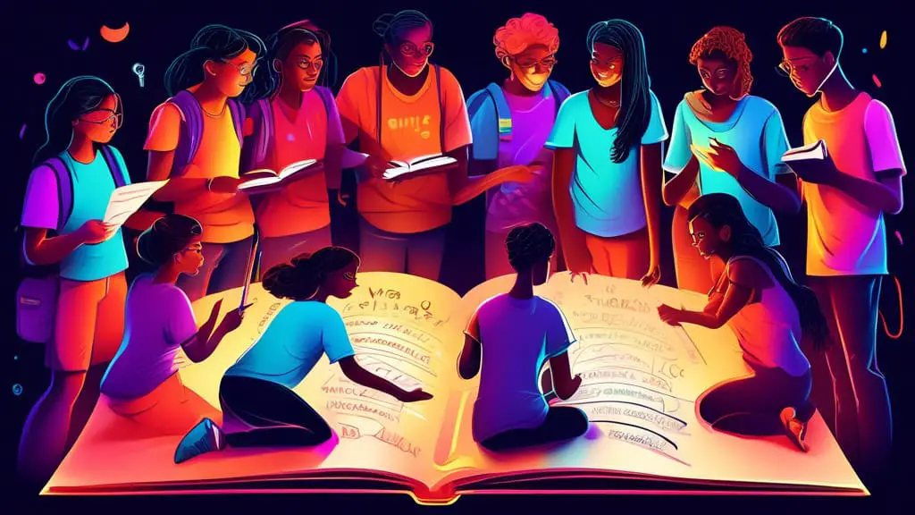 An artistic and colorful illustration of a group of diverse students standing around a large, open book, creatively brainstorming and writing unique club and project names using glowing, magical pens.