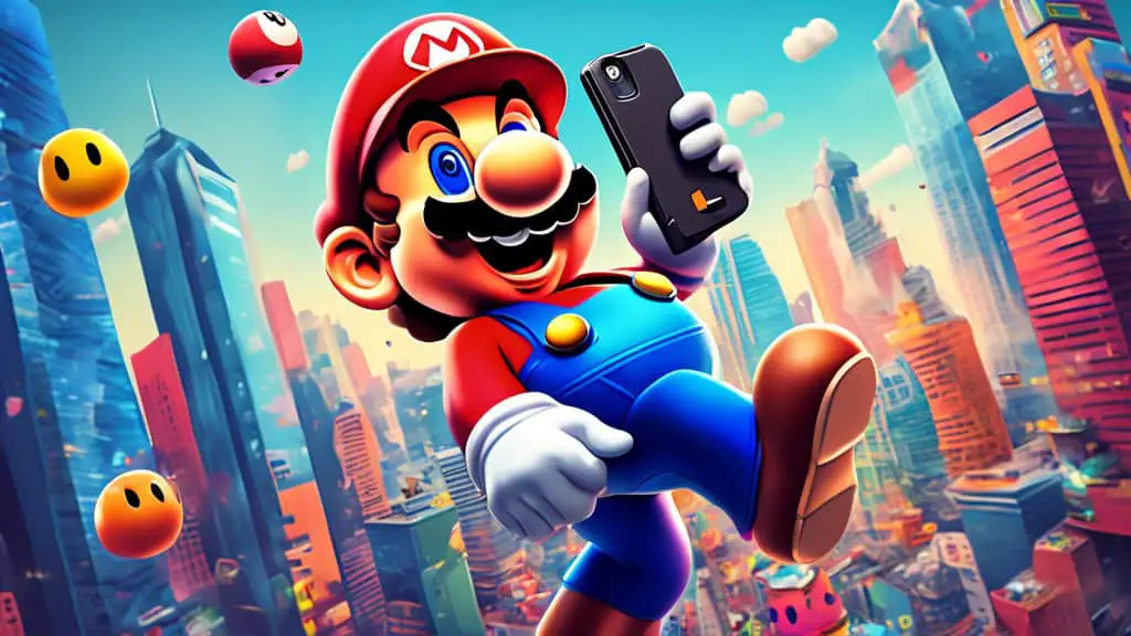 Digital artwork of a modern day Super Mario in a bustling cityscape, taking a selfie with skyscrapers in the background, vibrant colors and playful cartoon style, incorporating Instagram-themed icons