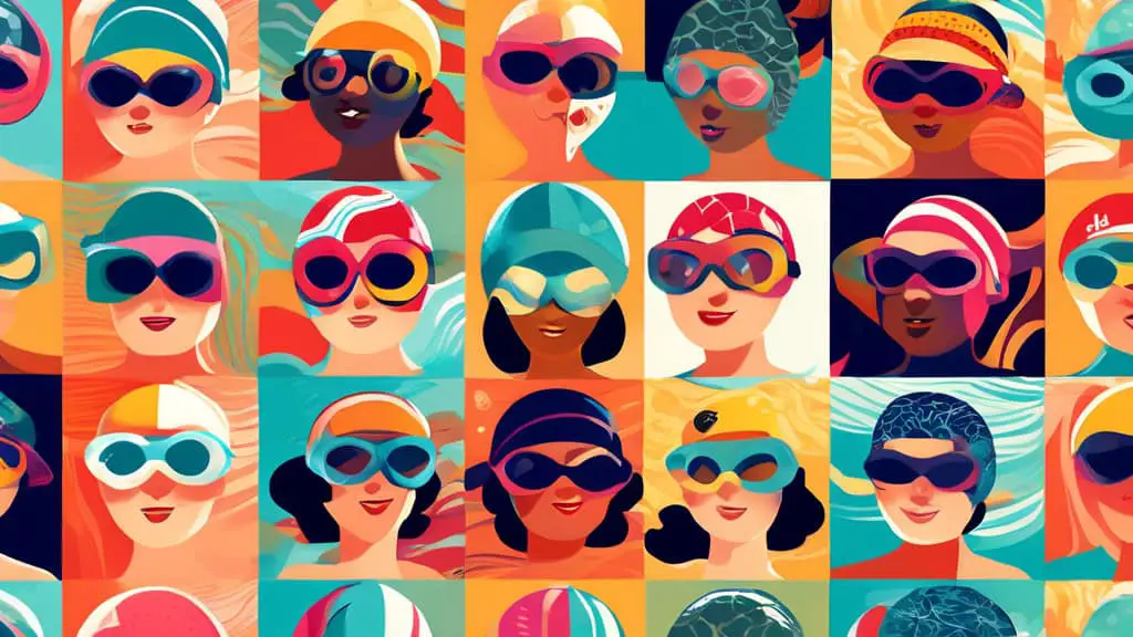 Digital illustration of a diverse group of swimmers wearing colorful caps and goggles, each with a unique and humorous team name displayed on their swimwear, set against a dynamic and stylized wave ba