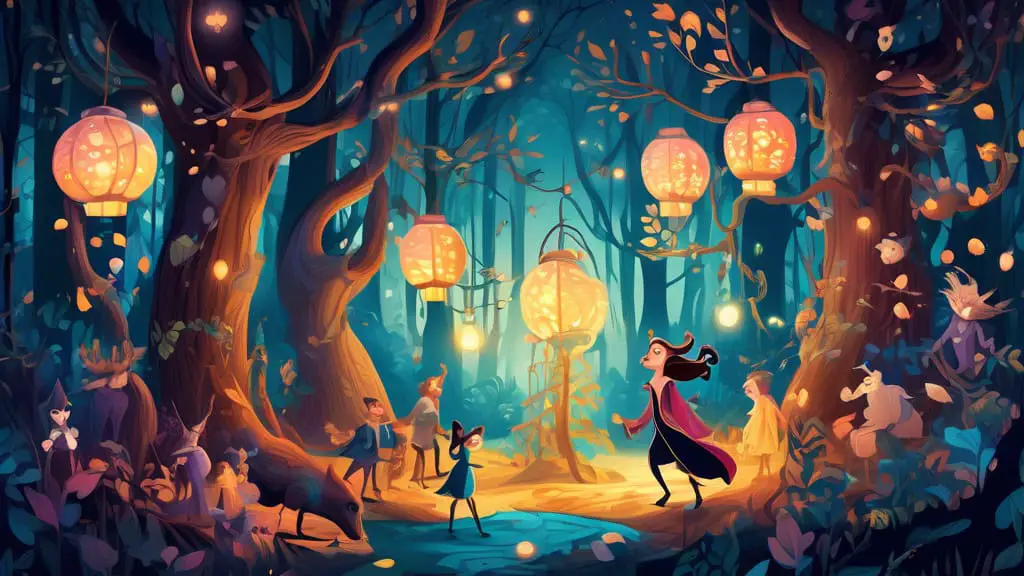 An enchanting forest at dusk, whimsically shaped trees and glowing lanterns scattered throughout, with fantastical creatures playfully interacting in teams, each team led by a character inspired by Be