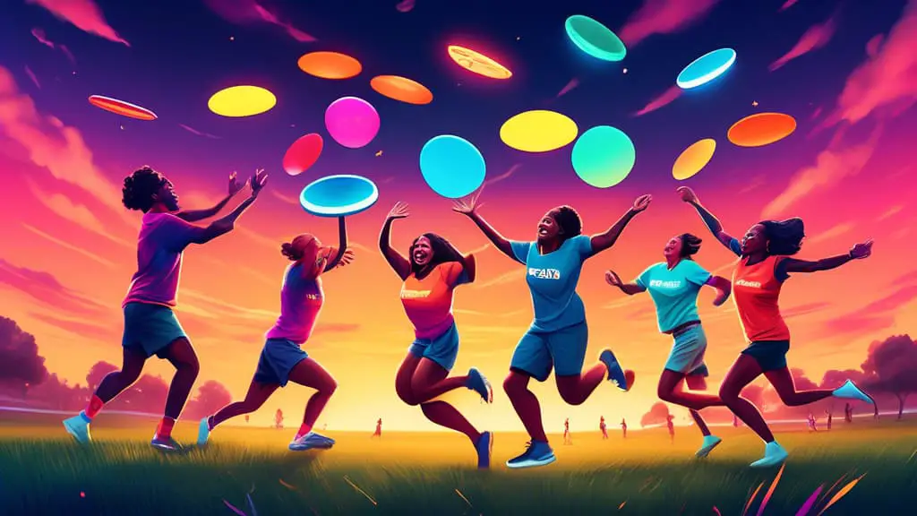 Artistic image of a group of diverse people, dressed in colorful athletic gear, joyfully tossing and catching glowing ultimate discs on a beautifully illuminated field under a twilight sky, with whims