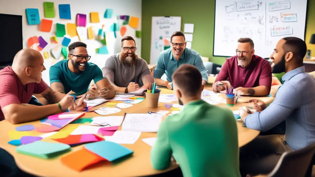Brainstorming session with a diverse group of dads around a large, oval table in a sunny, creatively decorated conference room, each dad displaying a different personality through their quirky and tho