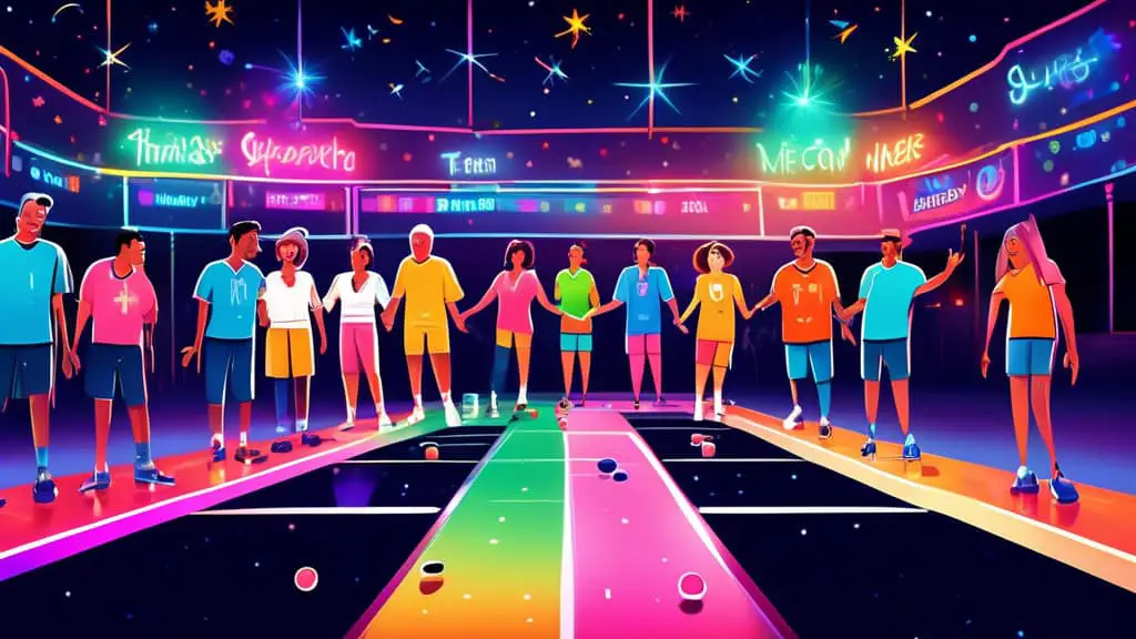 Image of a vibrant and whimsical shuffleboard court with neon colors, where diverse animated characters, each wearing jerseys with playful and unique team names, compete in a lively tournament under s
