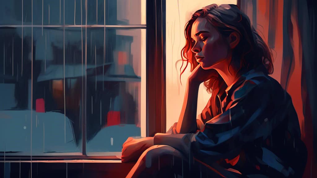 Create a digital painting of a thoughtful young woman sitting by a rainy window, gazing out with a melancholic expression, surrounded by soft shadows and subtle, moody lighting, embodying a reflective