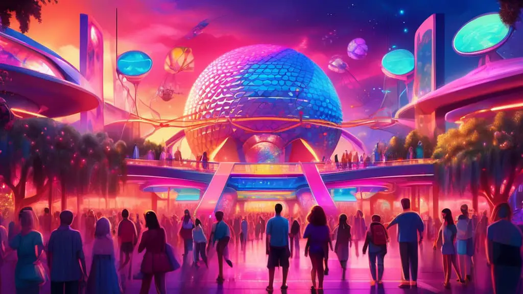 An enchanting digital artwork of a futuristic Epcot at sunset, blending vibrant neon lights and advanced technology with magical Disney elements, surrounded by joyful people taking photos.