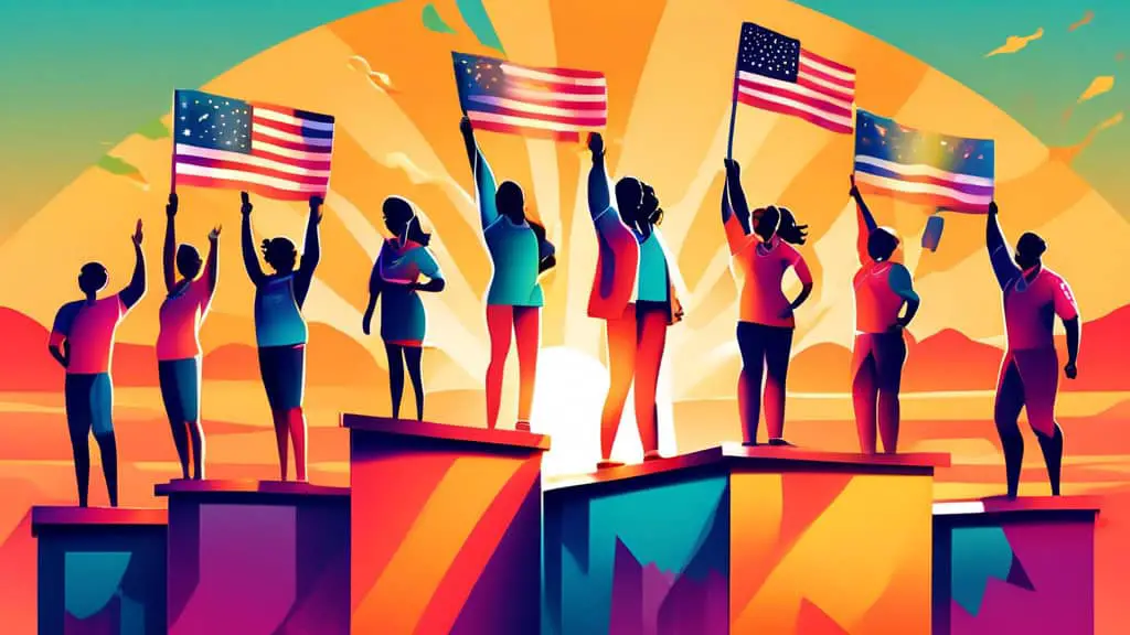 An illustration of diverse people standing on a podium, each holding a flag with innovative and motivational team names, set against a vibrant sunset background, symbolizing triumph and teamwork.