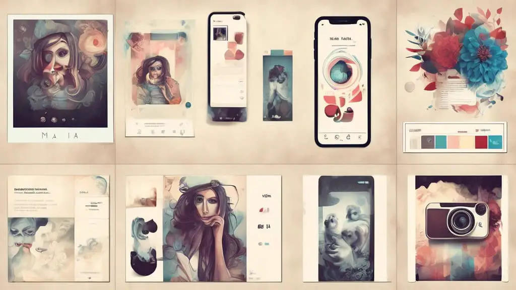 Create a digital illustration depicting a popular social media interface, focusing on Instagram. The centerpiece should be a mysterious profile labeled 'MIA', symbolizing the acronym 'Missing In Actio