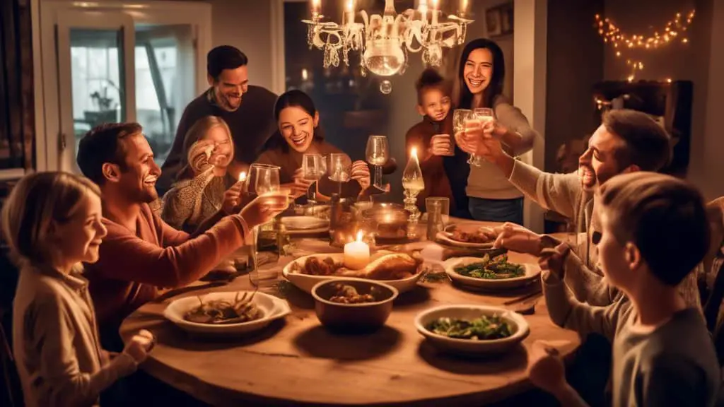 A cozy family dining room with a rustic wooden table set for dinner, featuring steaming plates of food, warm lighting from a chandelier, and family members