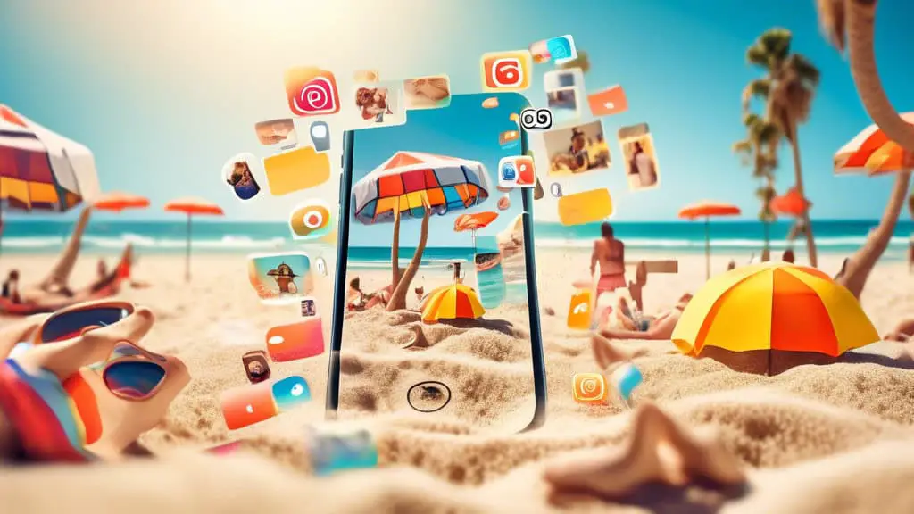 A vibrant, sun-drenched beach scene with a smartphone in the foreground, its screen displaying various beach-themed Instagram posts. The posts feature witt