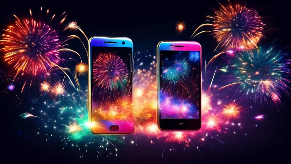 A colorful fireworks display illuminating a night sky, with sparks and light trails forming the shape of a smartphone. In the foreground, floating text bub