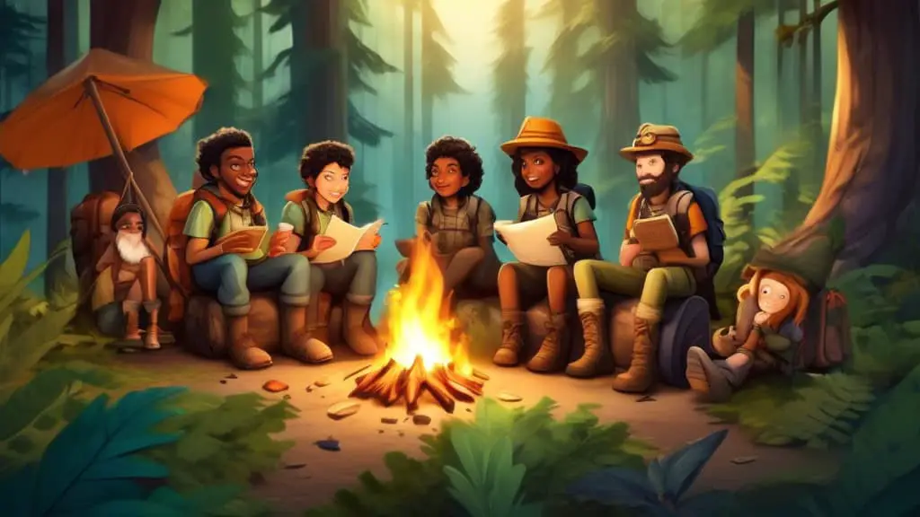Create an imaginative scene featuring a group of diverse adventurers, each with unique gear and personalities, brainstorming creative names for their next
