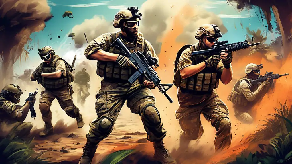 An imaginative and dynamic illustration of an airsoft team in action, featuring a diverse group of players with unique and creative team names displayed on