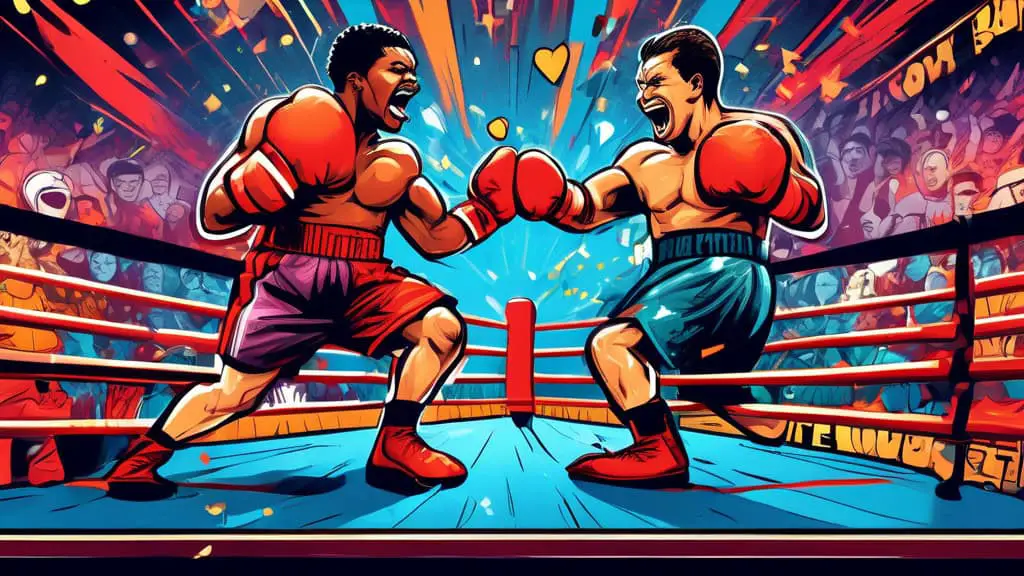 A vibrant, comic book-style illustration featuring a boxing ring with two gloved fists clashing in the center. Above the ring, colorful speech bubbles burs