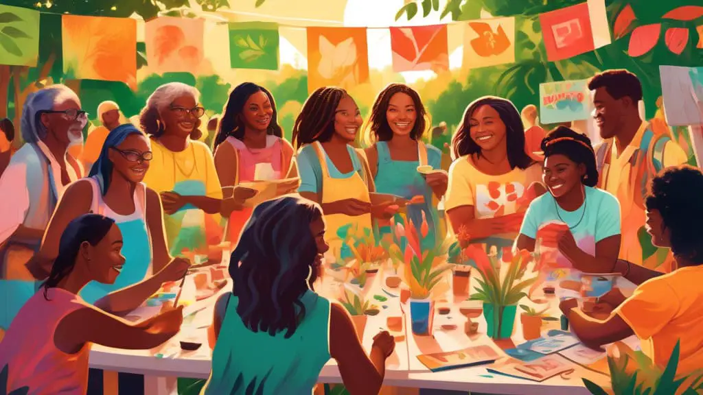 An artistic gathering of diverse individuals in a vibrant outdoor setting, with colorful banners displaying various creative community group names. People