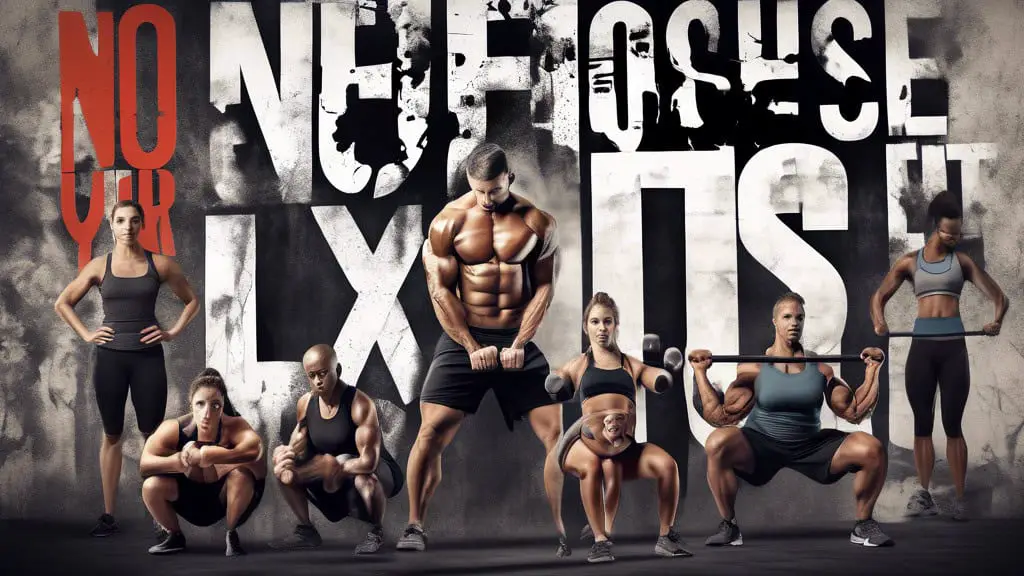 A dynamic collage of diverse people in CrossFit attire performing various intense exercises, with motivational slogans like No Excuses and Push Your Limits