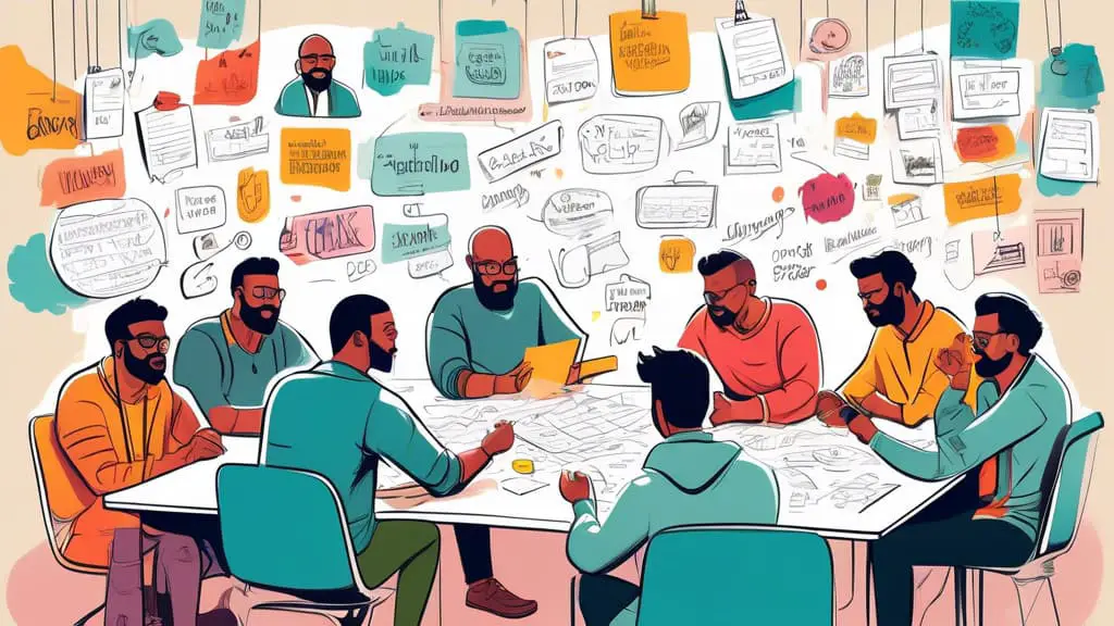 Create an artistic illustration featuring a diverse group of men brainstorming, surrounded by vibrant name tags representing creative group names like 'The