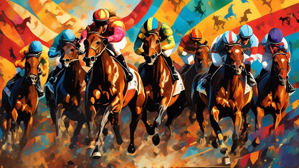 A dynamic collage featuring silhouettes of racehorses in full gallop, with colorful banners floating above them displaying catchy slogans. The background s