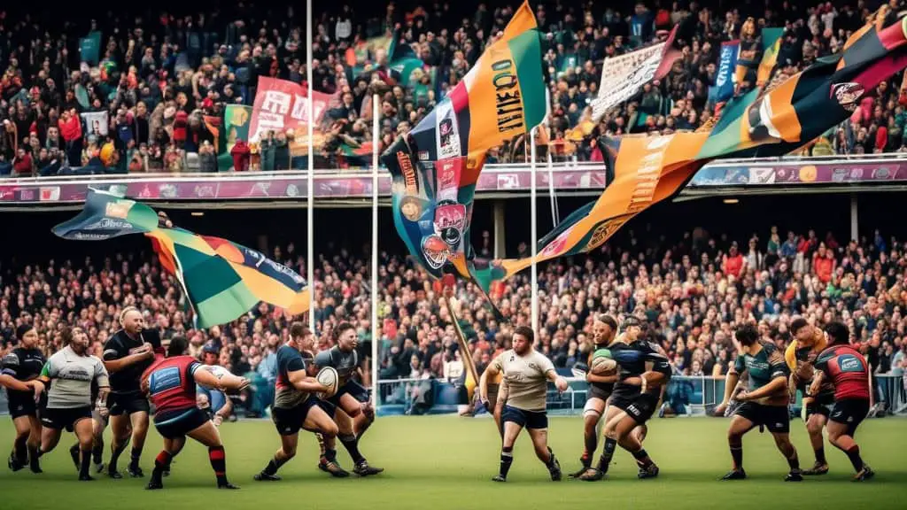 A dynamic rugby field with players in action, surrounded by colorful banners displaying various rugby slogans. The banners wave in the wind, creating a vib