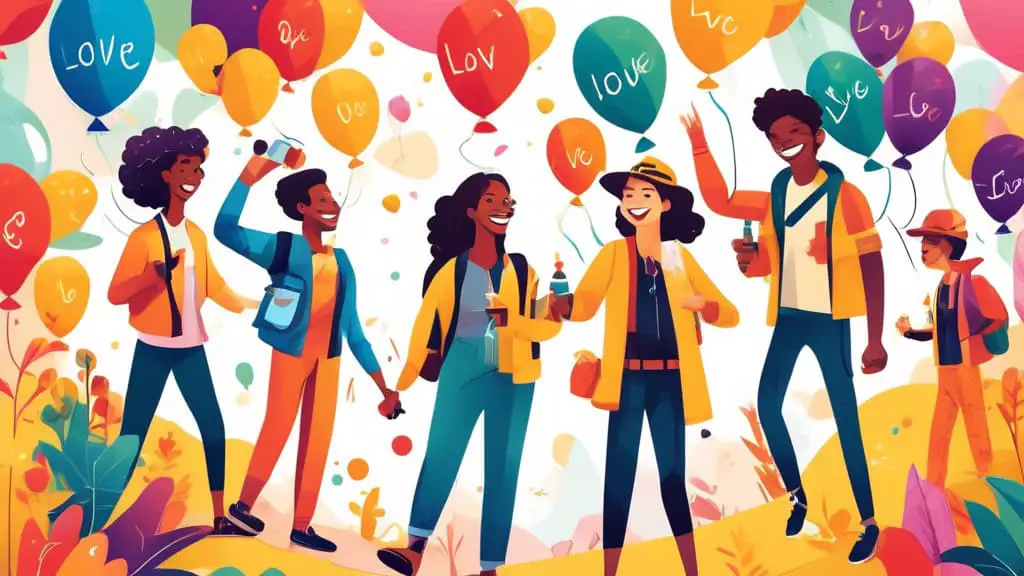 Create a vibrant and eye-catching illustration showcasing a diverse group of single individuals engaging in fun activities together. Include playful elemen