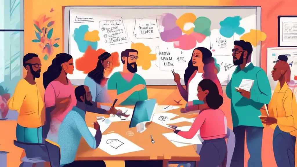 Create an artistic representation of a diverse group of social workers brainstorming creative team names in a dynamic, collaborative setting. The scene sho