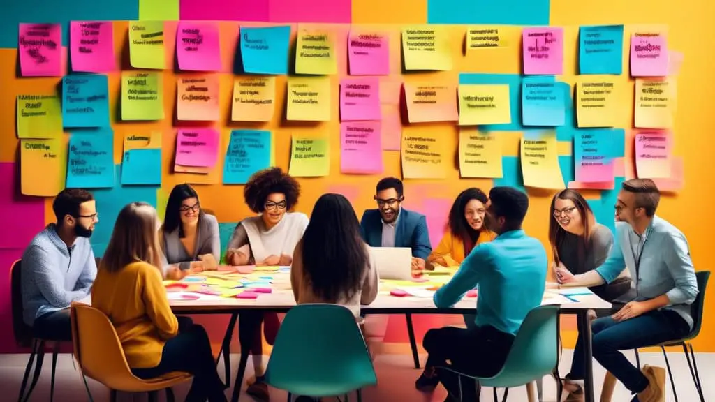 Create an image showcasing a vibrant and energetic brainstorming session where a diverse group of people is collaborating around a table filled with colorf