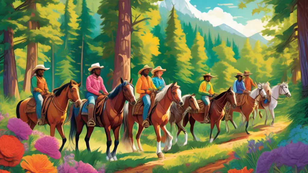 Create a vibrant and imaginative illustration of a diverse group of trail riders enjoying a scenic ride through a lush forest. Each rider is wearing unique